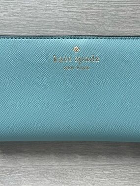 kate spade Turquoise Saffiano Leather Zip Wallet with Gold Logo